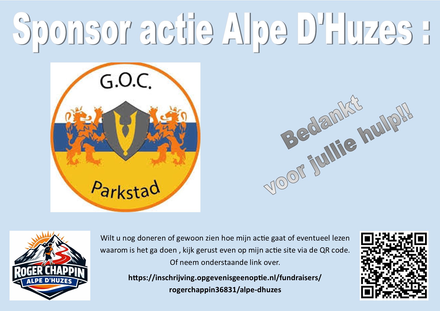 Sponsorvisual van G.O.C. Parkstad voor Rogers Alpe d'HuZes-campagne.