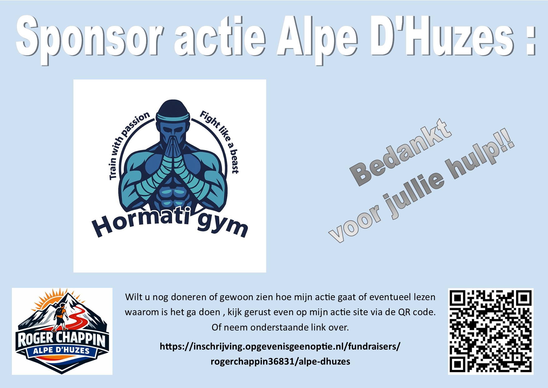 Sponsorvisual van Hormati Gym voor Rogers Alpe d'HuZes-campagne.